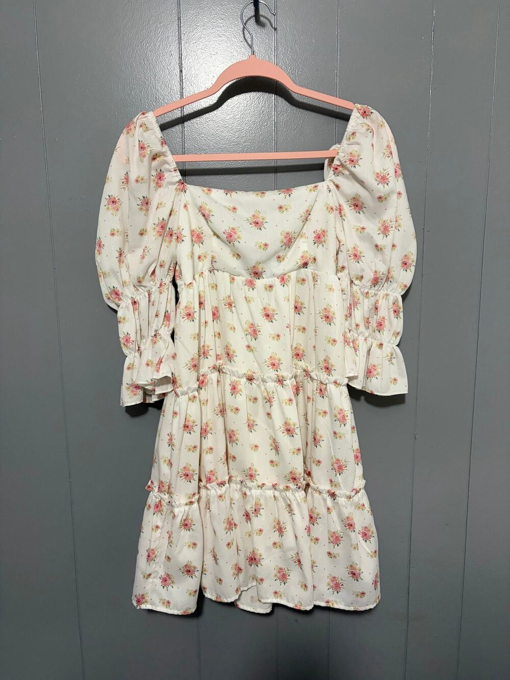 Storia White Floral Tiered Tie Back Puff Sleeve Babydoll Cottage Mini Dress S